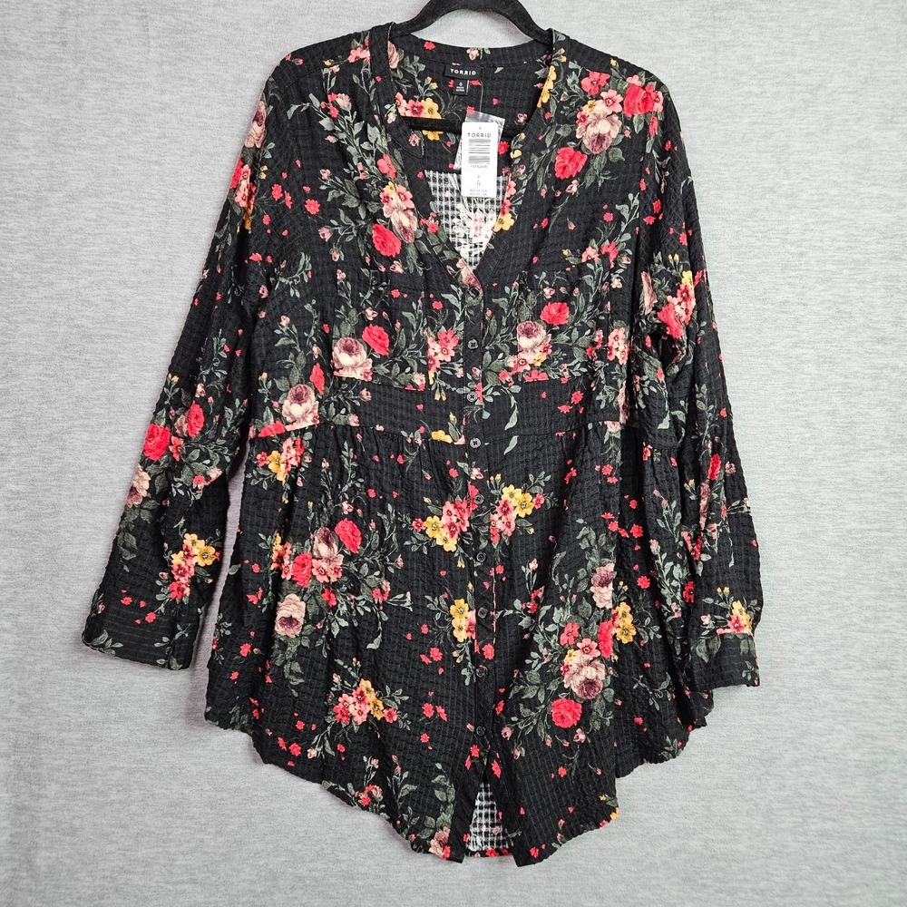 Torrid Women's Emma Black Flannel Floral Crinkle Blouse Size 0 New